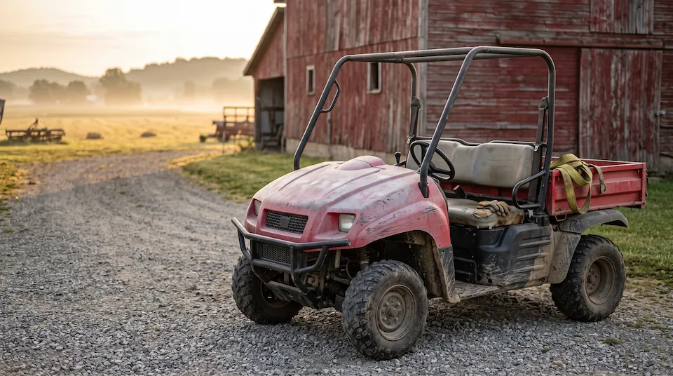 Older utility side-by-side with sun-faded, chalky, scratched plastics parked by a barn at sunrise