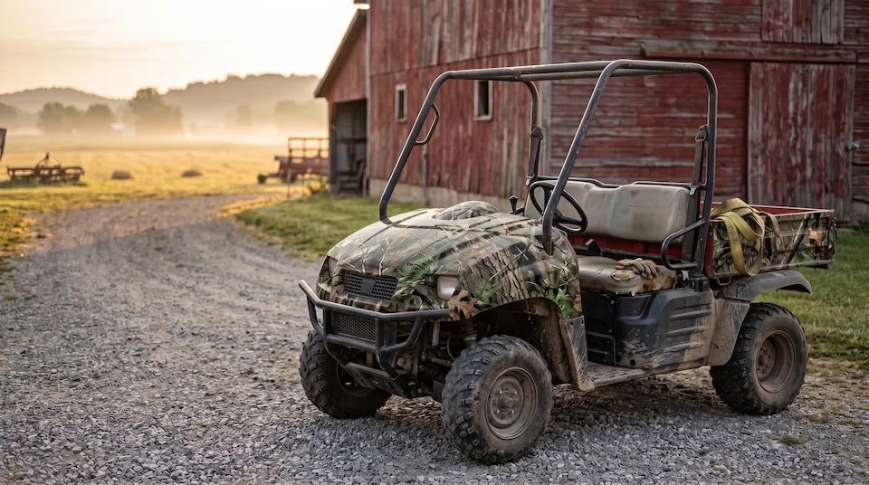 After: the same side-by-side with a fresh woodland camo graphic kit, looking new by the barn